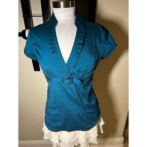Vintage Express Teal/Blue Ruffle V-Neck Buckle Empire Waist Blouse Top Small